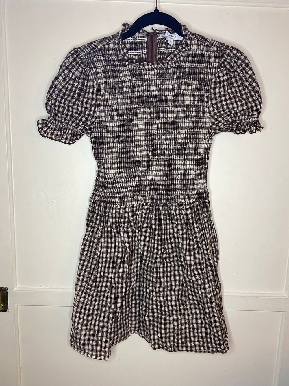 Rhioas 100% Cotton Brown and White  Gingham Puffed Sleeve Mini Dress